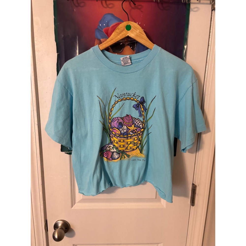 Vintage Cuffy's Nantucket Graphic T-Shirt Blue Cropped Shells USA Made Large